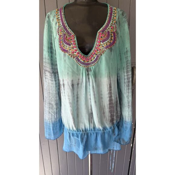 Hale Bob S Cabana Silk Ombre Tie Dye Beaded V-Neck Top Drawstring Waist 37” Bust - Picture 2 of 10